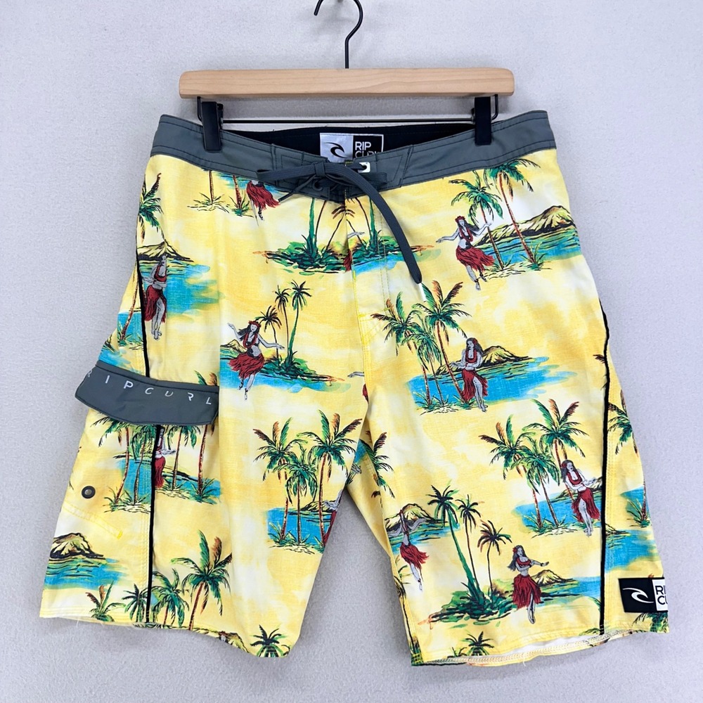 VG Ripcurl Boardshorts Mens 33 Yellow Tropical Hula‎ Girls Surf Cargo Long 21"